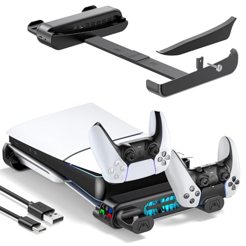Tokluck PS5 Slim/Pro Horizontal Stand, PS5 Cooling Station with Dual Tokluck PS5 Slim/Pro Horizontal Stand, PS5 Cooling Station with Dual Controller Charger for Disc & Digital Versions, 3-Level Cooling Fan - Black (NOT Fit 2020 PS 5 Regular Version)