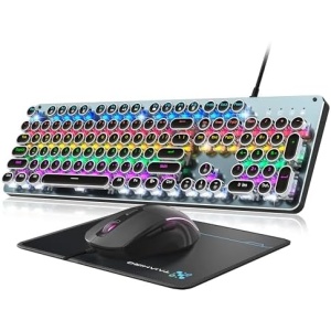 Typewriter Style Mechanical Gaming Keyboard Blue Switch, Rainbow LED Backlit Wired Computer Keyboards Mouse and Pad Combo, Metal Panel Retro Punk Round Keycaps, 104 Keys Anti-Ghost for PC Laptop Gamer