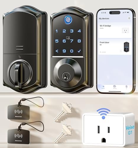 Veise VE017G Wi-Fi Keyless Entry Door Lock with Fingerprint, App Veise VE017G Wi-Fi Keyless Entry Door Lock with Fingerprint, App Remote Control, Smart Locks for Front Door, Electronic Keypad Deadbolt, Auto Locking, Waterproof, Easy to Install, Matte Black