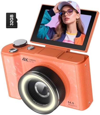 W & O Digital Camera for Teens,Kids Digital Camera with W & O Digital Camera for Teens,Kids Digital Camera with 32G SD Card,180°Flip Screen Camera for Photography Vlogging, with Fill Ligh,Beauty Mode,Point and Shoot Digital Cameras for Kids,Teens,Beginner