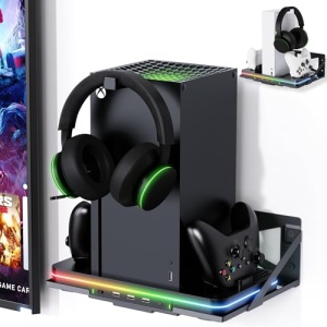 Wall Mount with Cooling Charging Stand for Xbox Series X/S, Luckit Vertical Dual Controller Charger Station Compatible Xbox Series X/S Console Accessories with Cooling Fan, 3 USB Ports&2 Headset Stand