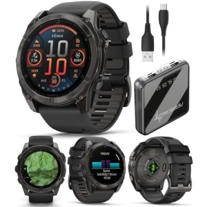 Wearable4U Garmin Fenix 8 51 mm, AMOLED Multisport GPS Smartwatch, Sapphire, Carbon Gray DLC Titanium with Black/Pebble Gray Silicone, Built-in LED Flashlight, Voice Control Power Bank Bundle