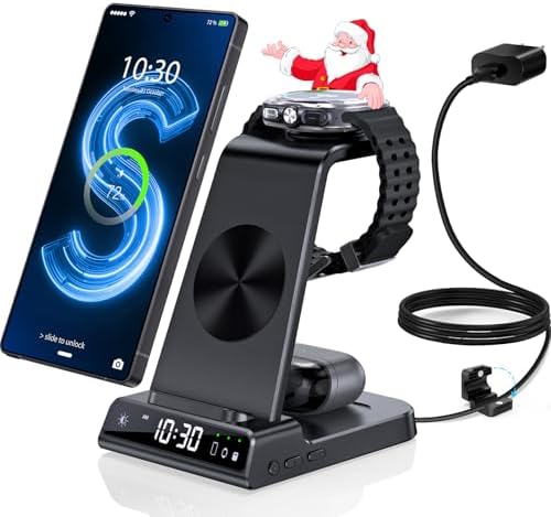 Wireless Charger for Samsung Charging Station with Clock for Samsung Wireless Charger for Samsung Charging Station with Clock for Samsung Galaxy S25 Ultra/S24 Ultra/Z Flip 7/Z Fold6/Bud, 3 in 1 Android Charging Station, Watch Charger for Samsung Galaxy Watch 8/7/6/5Pro