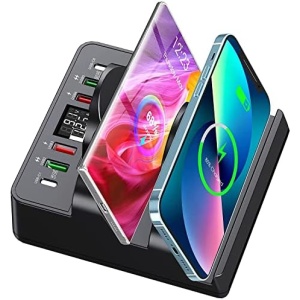Wireless Charging Station with 6 USB Ports, 8 in 1 15W Dual Wireless Charger Station, 2 QC/2 PD USB Fast Charging Station, 80W Phone Charger for iPhone14/13/12/11/X/Samsung/Android/iWatch