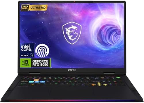 msi Raider 18 HX RTX 5090 Gaming Laptop, 18" UHD+ 120Hz Display, Intel Core Ultra 9 285HX, 96GB DDR5 RAM, 4TB SSD, RGB Backlit KB, Fingerprint Reader, Thunderbolt 5, Wi-Fi 7, Black, Windows 11 Home