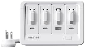 Gitryin 1 Micro USB, 1 Lightning, 2 Type-C Retractable Wall Chargers with 1 USB A Port and 8-in-1 Desktop Charging Station