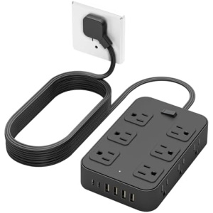 Flat Plug Power Strip Surge Protector 5 Ft Extension Cord with 12 AC Outlets 6 USB Ports 3 Side Multi Plug Outlet Extender Home Office Kitchen Dorm Room Wall Desk Charging Station ETL Listed