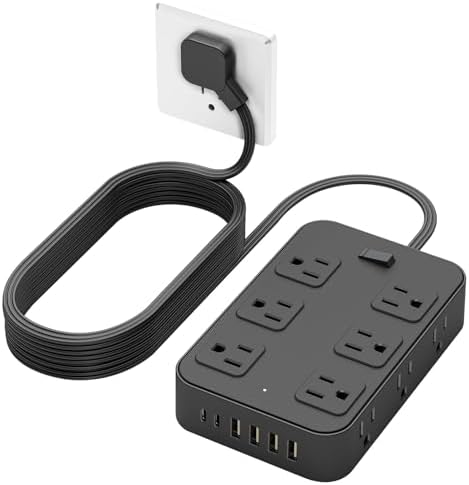 Flat Plug Power Strip Surge Protector 5 Ft Extension Cord with 12 AC Outlets 6 USB Ports 3 Side Multi Plug Outlet Extender Home Office Kitchen Dorm Room Wall Desk Charging Station ETL Listed