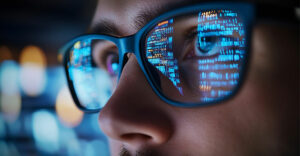 Developer's glasses reflecting source code, symbolizing software transparency and security oversight